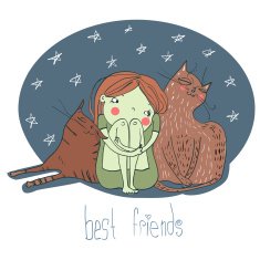 cartoon girl with cats