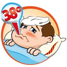 Child sick with fever lying a thermometer in his mouth