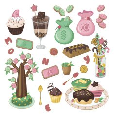 Set of icons Sweets in the form money Dessert