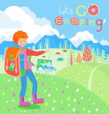 Cute cartoon camping poster in vector Let's go camping!