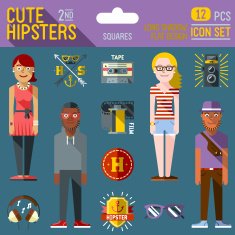 Cute hipster looks vector illustrations 2nd icon set