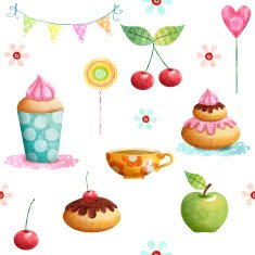 Happy Birthday pattern made of cupcake cherry apple candies flowers