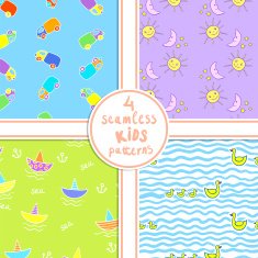 Four (4) seamless kids patterns with funny cartoons