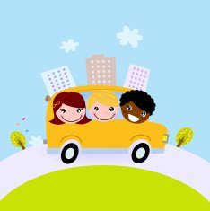 Cute kids in school bus on the hill