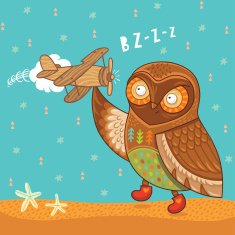 Cute cartoon owl with wooden toy airplane
