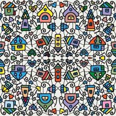 Seamless pattern Sweet home background cartoon houses and hearts