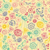 Multicolored seamless pattern with fashionable things Heart flower bike camera