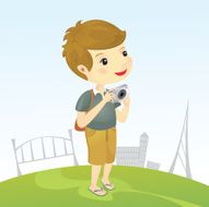 cute boy traveling and taking pictures