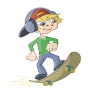 The boy is driving on a skateboard