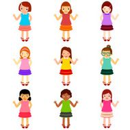 Cute vector Design Elements Kids girls different ethnics (Set 1)