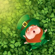 Leprechuan lying on clover leaves background