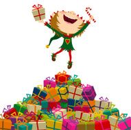Happy elf jumping with christmas presents Merry xmas!!!