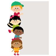 Multi ethnic group of kids holding vertical blank banner