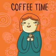 cute card in cartoon style girl with coffee