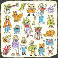 Retro colorful doodle characters set on paper texture 4