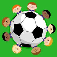 Soccer ball and kids soccer team