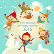 Happy kids playing with snow retro christmas card Vector illustration N3