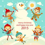 Happy kids playing with snow retro christmas card Vector illustration N4