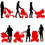 Silhouettes walkings mothers with baby strollers