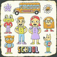 Schoolkids and animals vintage colorful doodle set on cardboard