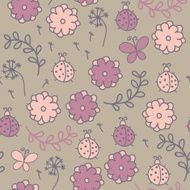 Romantic seamless pattern with ladybugs flowers butterflies