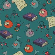 Seamless background with love magic brew rings books and keys