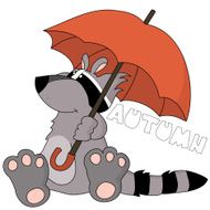 Cute cartoon little racoon kid sitting under huge red umbrella
