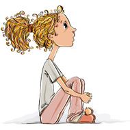 Thinking girl sitting vector illustration with place for text