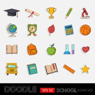 Doodle school icons set Themed design with different elements