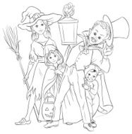 Children playing trick or treat in Halloween costumes Coloring Page