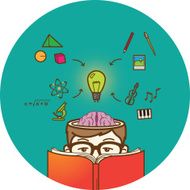 Creative reading boy with open brain