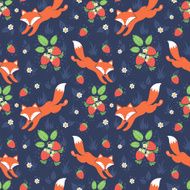 Foxes and wild strawberries seamless pattern