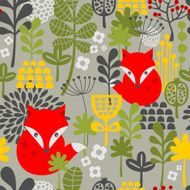 Seamless vintage fox and flowers pattern N2