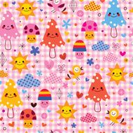 cute cartoon mushrooms birds characters clouds nature seamless pattern