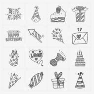 Doodle Birthday party icon set