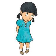 Cute sad guilty little girl in blue dress Cartoon illustration