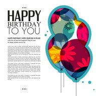 Vector birthday card with color balloons flowers and text