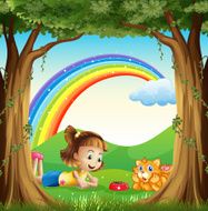 Girl and her pet at forest with rainbow in sky