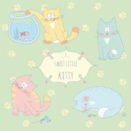 Sweet hand drawn greeting card with a cute playing kitty