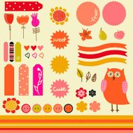 Scrapbook elements in retro style with owl flowers and fruits