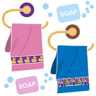 pink and blue bath towels with soap