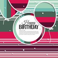 Vector birthday card with balloons and text on stripes background