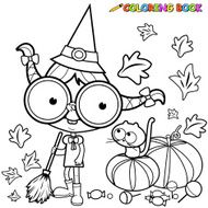 Coloring page Halloween witch sweeping pumpkin leaves
