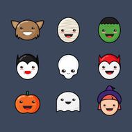 Cute Kawaii Halloween Icons Set Funny Monster Faces on Dark