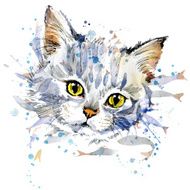 Funny kitten and fish graphics illustration with splash watercolor textured
