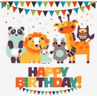 &quot;Happy birthday &quot; lovely vector card with cute animals and garlands