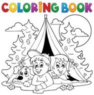 Coloring book kids camping in forest