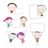 kids action holding white label hand drawn cute vector