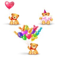 Set of cute teddy bears with balloons and banner