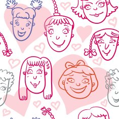 Pattern With Smiling Girls And Hearts